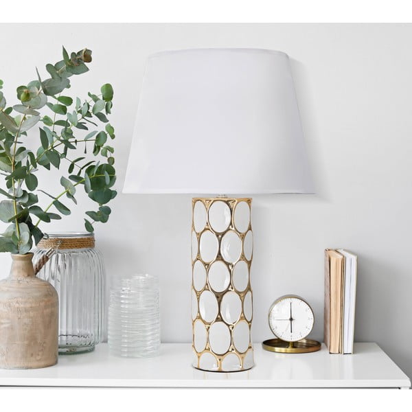 Balta/zelta krāsas keramikas galda lampa ar auduma abažūru (augstums 56 cm) Glam Carv – Mauro Ferretti-image-1