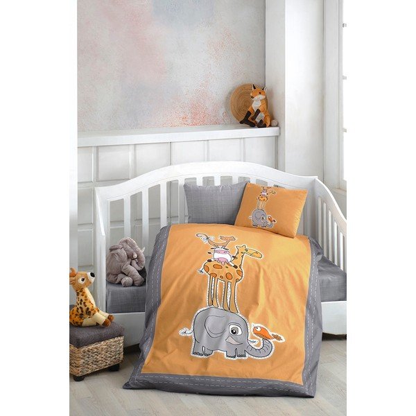 Kokvilnas bērnu gultas veļa bērnu gultiņai ar palagu 100x150 cm Orange Animal – Mila Home-image-1