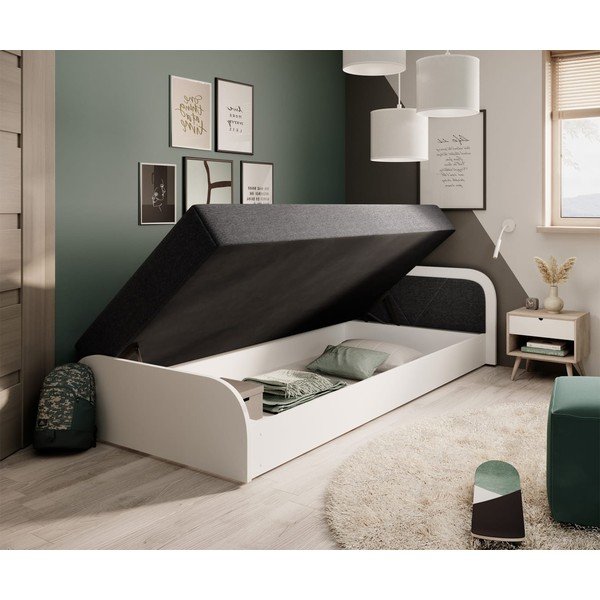 Balta/tumši pelēka polsterēta/no skaidu plāksnēm vienvietīga gulta ar veļas kasti un ar matraci 80x190 cm Parys – ELTAP-image-2