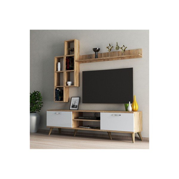 Balts/dabīga toņa TV plauktu komplekts ar priedes koka imitāciju 180x48 cm Veronica – Kalune Design-image-1