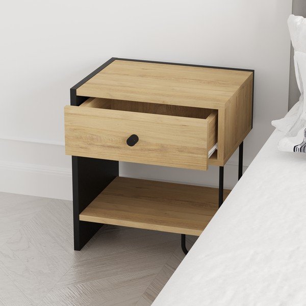 Melns/dabīga toņa naktsskapītis ar ozolkoka imitāciju ar plauktiem Saturne – Marckeric-image-2