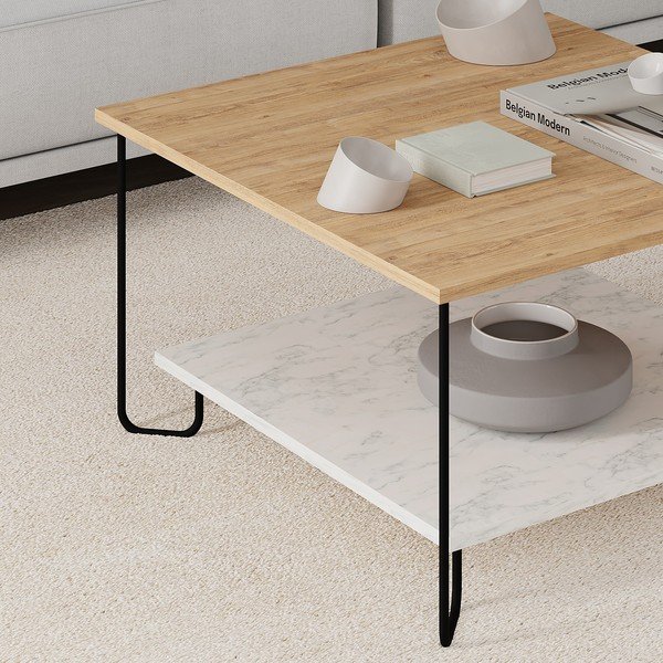 Balts/dabīga toņa žurnālgaldiņš ar ozolkoka imitācijas galda virsmu 80x80 cm Tonka – Marckeric-image-2