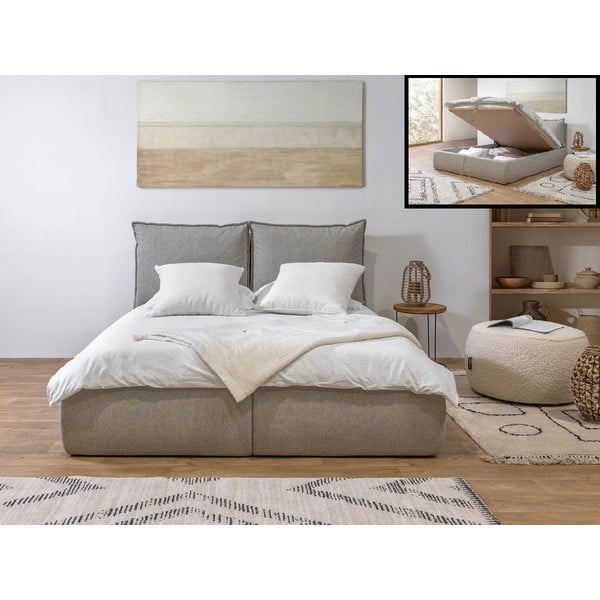 Bēša polsterēta divvietīga gulta ar veļas kasti un redelēm 160x200 cm Garance – Bobochic Paris-image-1
