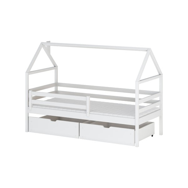 Balta gulta no priedes koka ar jumtiņu un glabāšanas vietu 80x160 cm Aron – Lano Meble