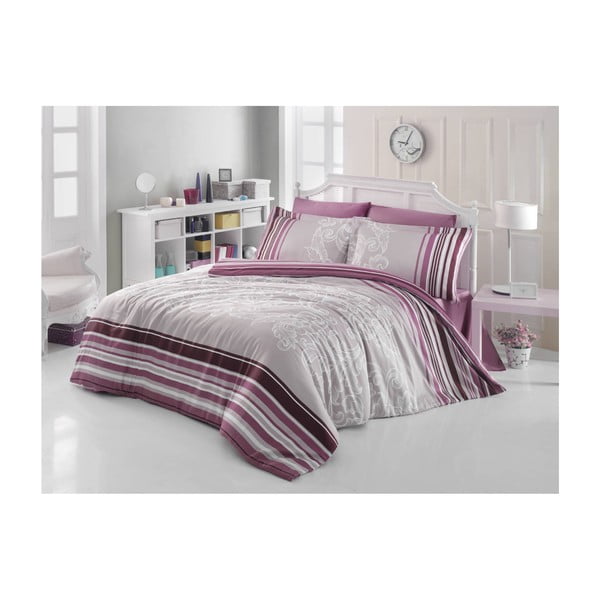 Violeta kokvilnas gultasveļa ar palagu divguļamai gultai Eve, 140 x 200 cm