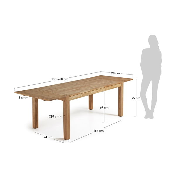 Izvelkams ēdamgalds no ozolkoka Kave Home, 180 x 90 cm