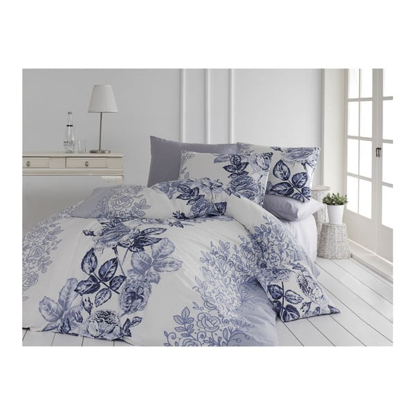 Zilā un baltā kokvilnas gultasveļa ar palagu divguļamai gultai Lamer, 200 x 220 cm