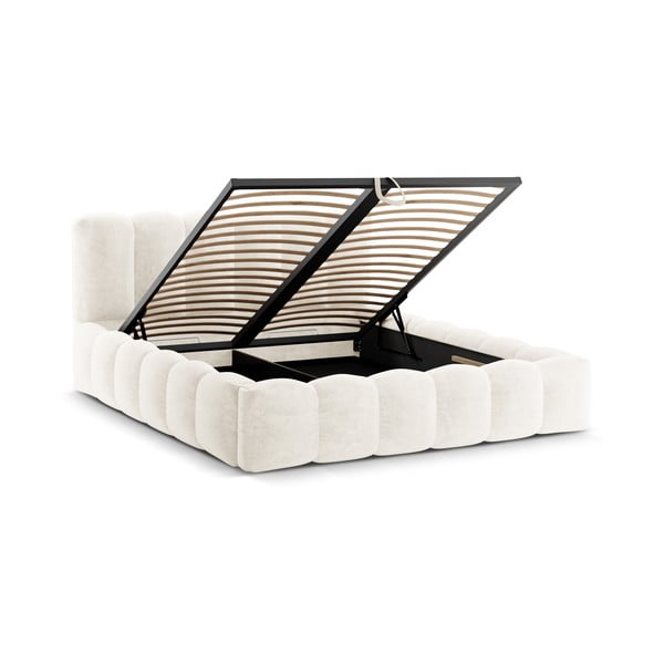 Krēmkrāsas polsterēta divvietīga gulta ar veļas kasti un redelēm 180x200 cm Lupine – Micadoni Home-image-2