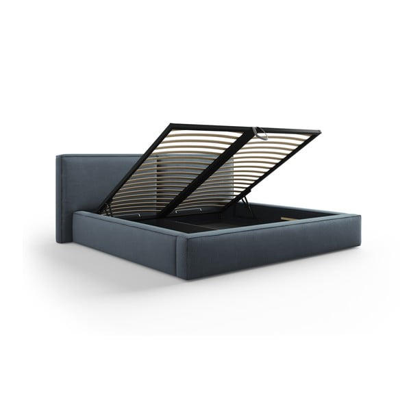 Tumši zila polsterēta divvietīga gulta ar veļas kasti un režģi 200x200 cm Arendal – Cosmopolitan Design-image-3