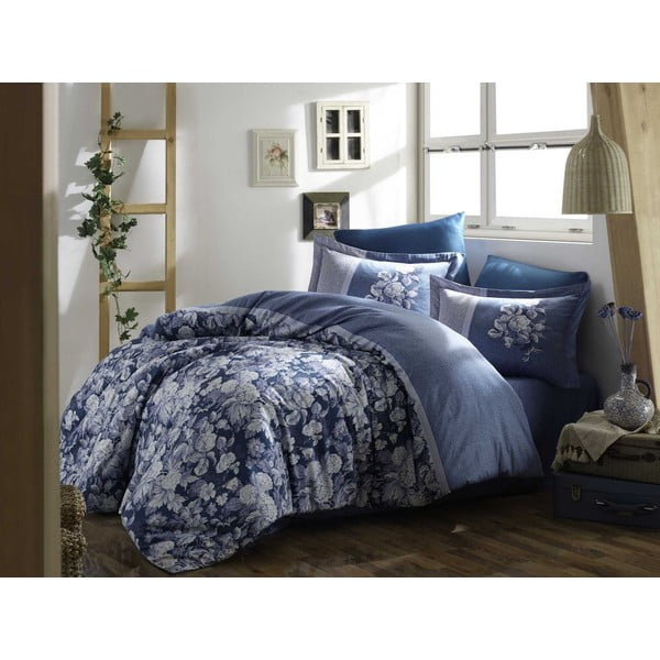 Zila pagarinātā gultas veļa divguļamai gultai no kokvilnas satīna ar palagu un segas pārvalku 240x260 cm Amalia – Mijolnir