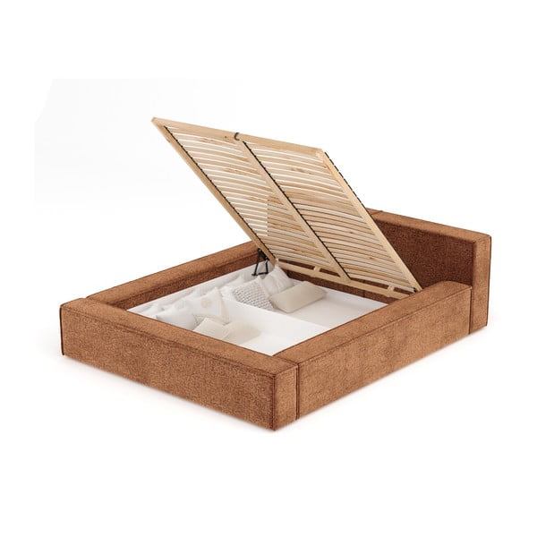 Oranža polsterēta divvietīga gulta ar veļas kasti un redelēm 180x200 cm Voliera – Maison de Rêve-image-2