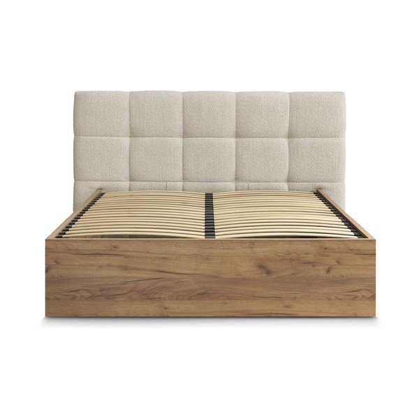 Bēša polsterēta polsterēta/no skaidu plāksnēm divvietīga gulta ar veļas kasti ar redelēm 180x200 cm Kumo – Bobochic Paris