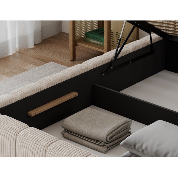Bēša polsterēta vienvietīga gulta ar veļas kasti ar redelēm 90x200 cm Lamica – ELTAP-image-4