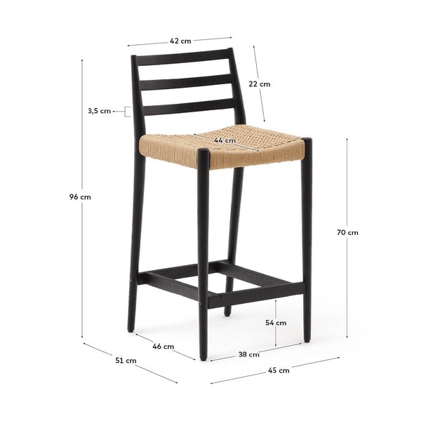 Melns/dabīga toņa ozola masīvkoka bāra krēsls (sēdekļa augstums 70 cm) Analy – Kave Home-image-4