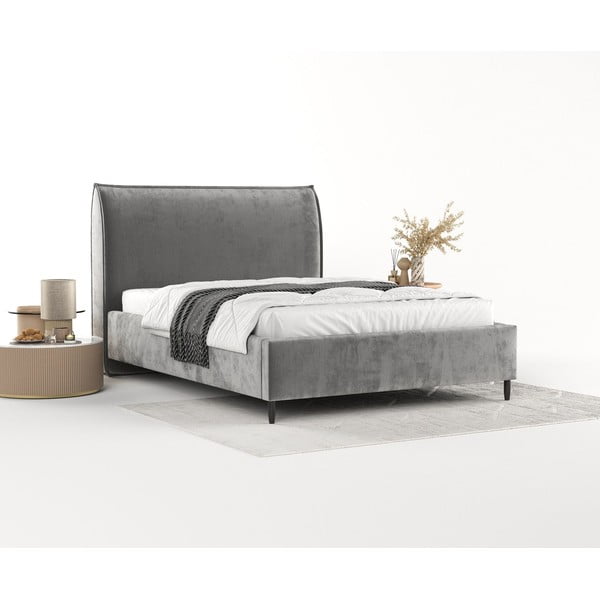 Pelēka polsterēta divvietīga gulta ar veļas kasti un redelēm 160x200 cm Shell – Maison de Rêve-image-2