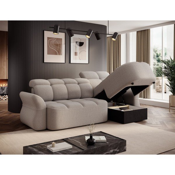 Bēšs salokāms/ar uzglabāšanas vietu stūra dīvāns no buklē auduma (ar labo stūri/ar zvilni) Beneth – ELTAP-image-4