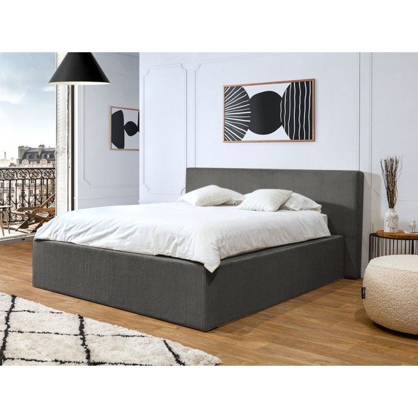 Tumši pelēka polsterēta divvietīga gulta ar veļas kasti ar redelēm 160x200 cm Nihad – Bobochic Paris-image-1