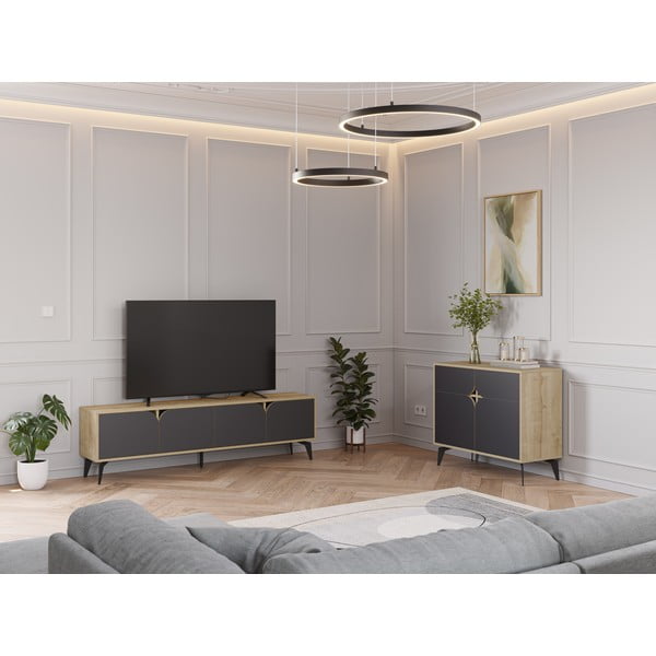 Melns/dabīga toņa TV galdiņš ar ozolkoka imitāciju 180x51 cm Nola – Marckeric-image-1