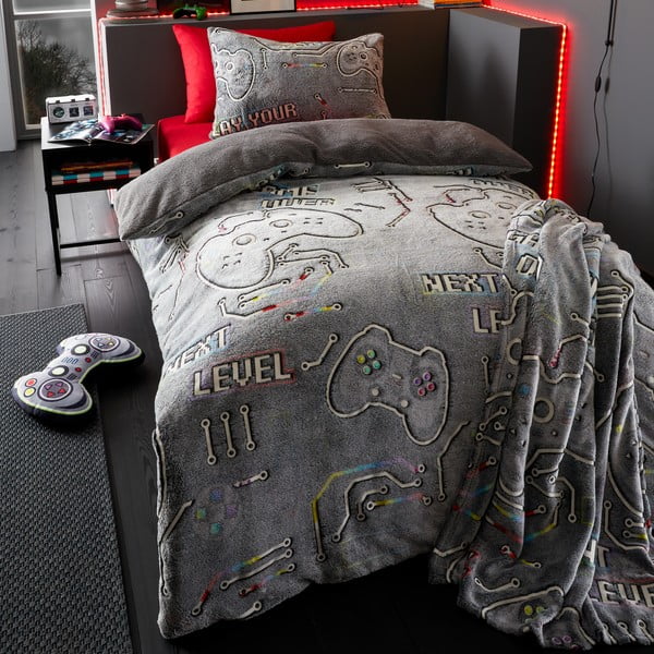 Pelēka mikroplīša bērnu sega ar spīdošu efektu 130x170 cm Game Over – Catherine Lansfield-image-1