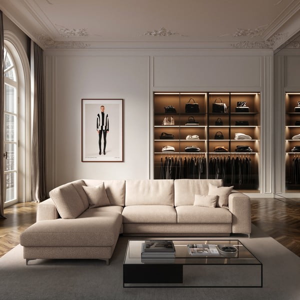 Bēšs salokāms stūra dīvāns ar uzglabāšanas vietu no buklē auduma (ar kreiso stūri/L veida) Rene – Rodier-image-1