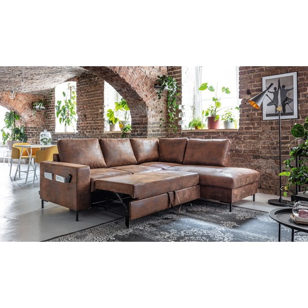 Brūns salokāms stūra dīvāns no ādas imitācijas (ar labo stūri) Lofty Lilly – Miuform-image-4