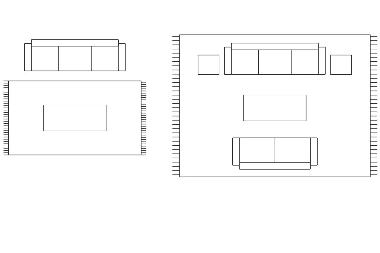 Lielākai dzīvojamajai istabai meklējiet paklāju, kas pārsniegs mēbeļu sēdvietas platību.