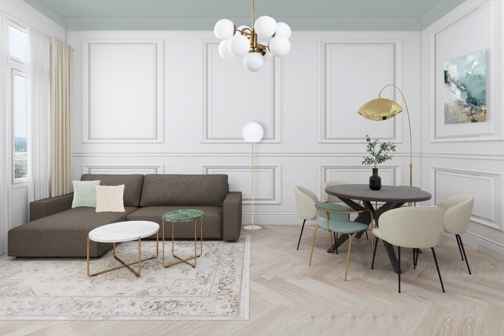 Dzīvojamās telpas dizains izceļas ar augstiem griestiem, simetriju un smalkām glamūra detaļām.