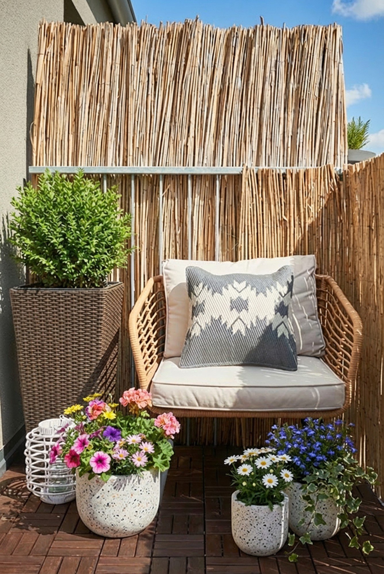 Privātumu var nodrošināt ar dabīgu bambusa vai niedru aizslietni, kas vienlaikus piešķirs mājīgumu.