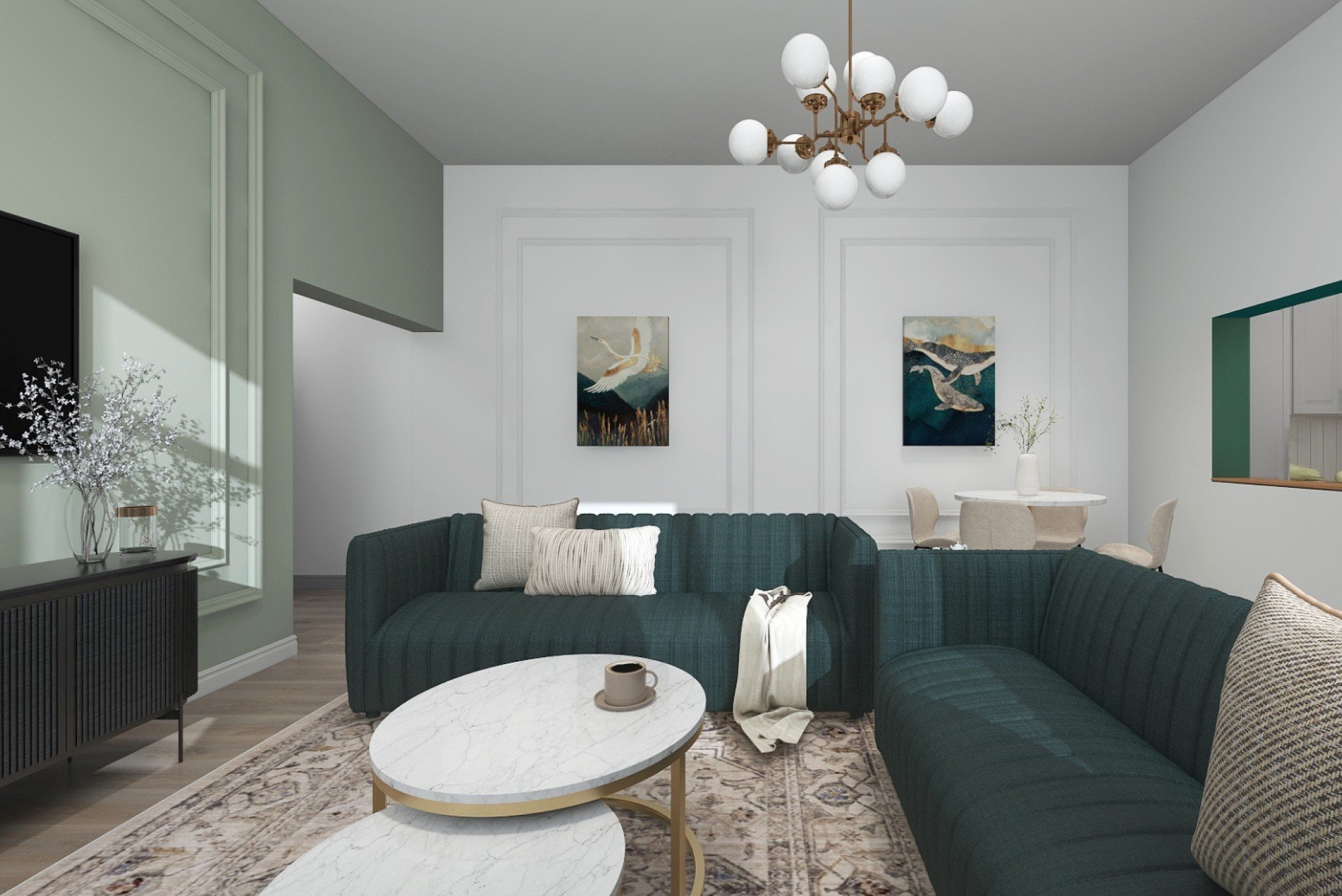 Dīvāns visa projekta laiku tika iecerēts kā dabiskais visas dzīvojamās istabas centrs, ap kuru norisinās ikdienas dzīve. Krāsu gamma un mēbeļu izvietojums veicina atvērtības un komforta sajūtu.