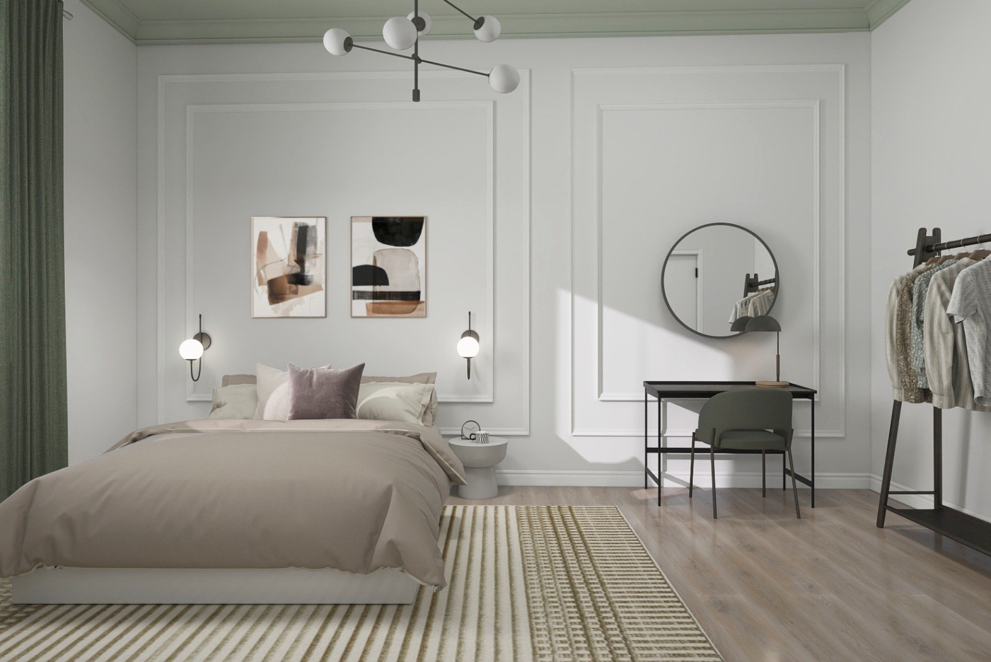 Dizainā, kurā izmantotas maigas krāsas un gudrs telpas sadalījums, guļamistaba un darba zona dabiski papildina viena otru.