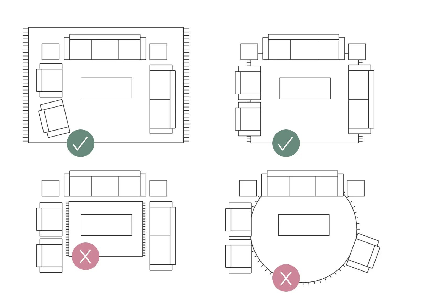 Kā izvēlēties paklāju? Labāk izvēlieties lielāku izmēru, lai telpa izskatītos vienota. Ņemiet vērā, ka apaļš paklājs labāk sader ar apaļām mēbelēm.