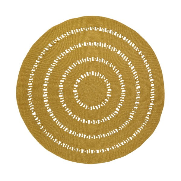 Sinepju dzeltens ar rokām darināts paklājs no vilnas un kokvilnas Nattiot Bibek, ø 110 cm