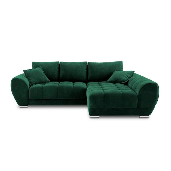 Tumši zaļš samta izvelkamais stūra dīvāns ar veļas kasti Windsor & Co Sofas Nuage, labais stūris