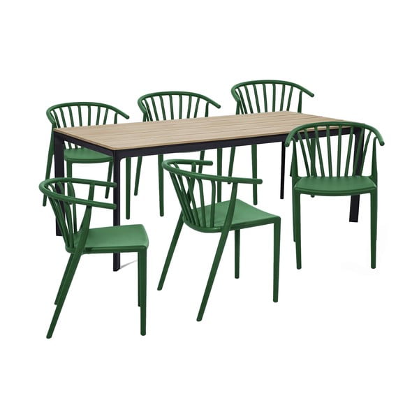 Dārza pusdienu galda un krēslu komplekts 6 personām ar zaļiem Capri krēsliem un Thor galdu, 210 x 90 cm