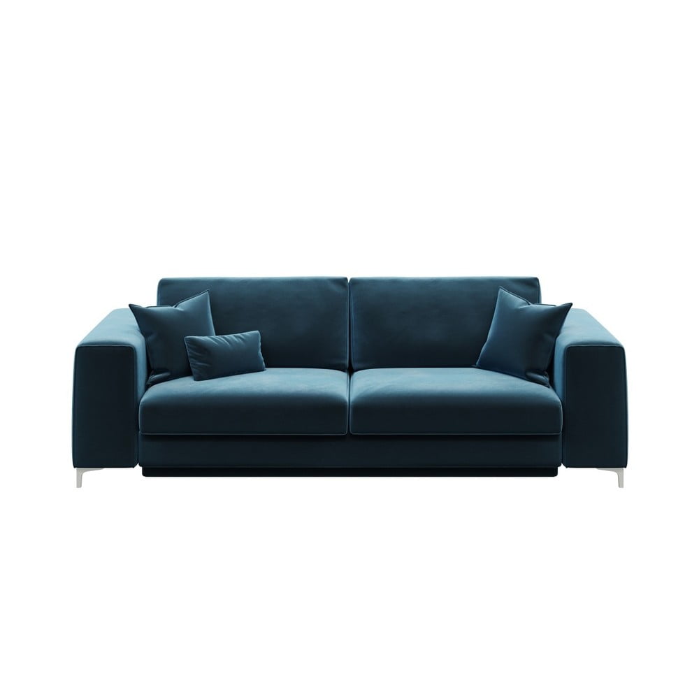 Tumši zils samta izvelkamais dīvāns Devichy Rothe, 256 cm