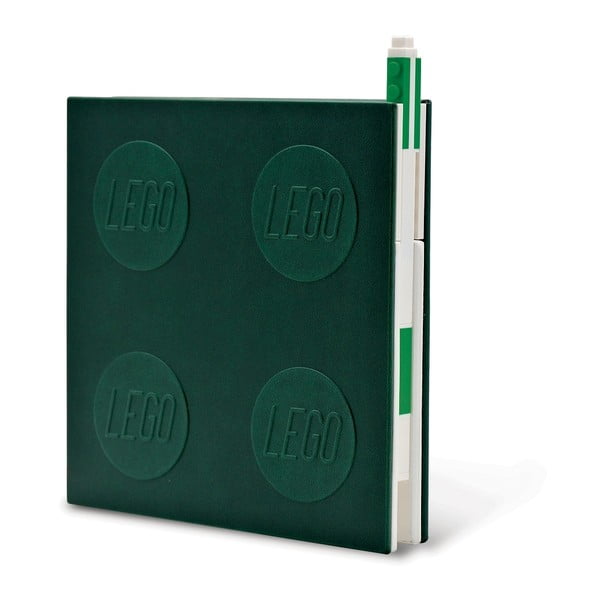 Zaļa pudeles formas kvadrātveida piezīmju grāmatiņa ar LEGO® želejas pildspalvu, 15,9 x 15,9 cm