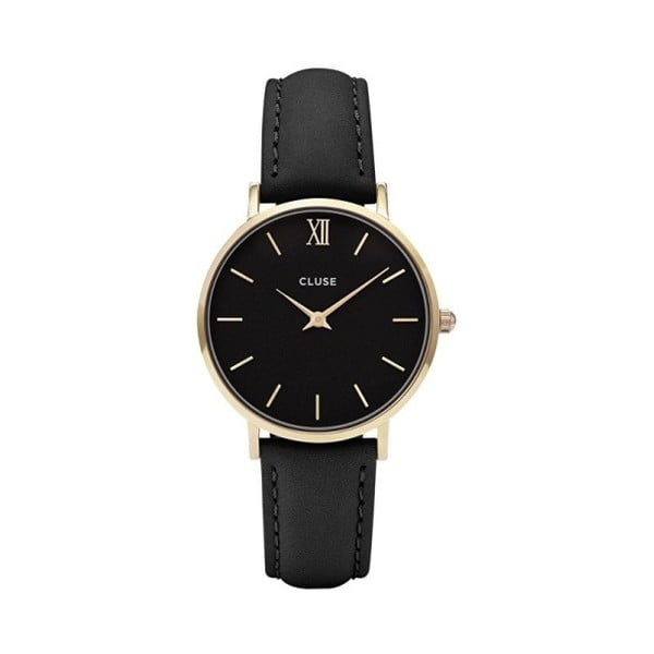 Sieviešu melns pulkstenis ar ādas siksniņu un zelta detaļām Cluse Minuit