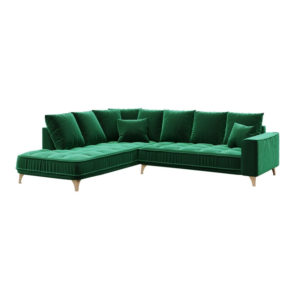 Tumši zaļš samta stūra dīvāns Devichy Chloe, kreisais stūris, 288 cm