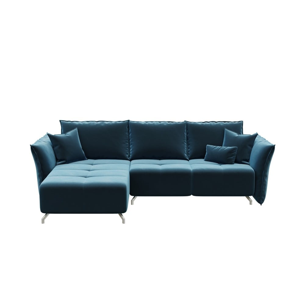 Tumši zils samta stūra izlaižams dīvāns Devichy Hermes, kreisais stūris