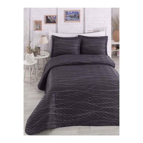 Tumši pelēks stepēts divguļamās gultas pārklājs ar spilvendrānām Verda Grey, 200 x 220 cm
