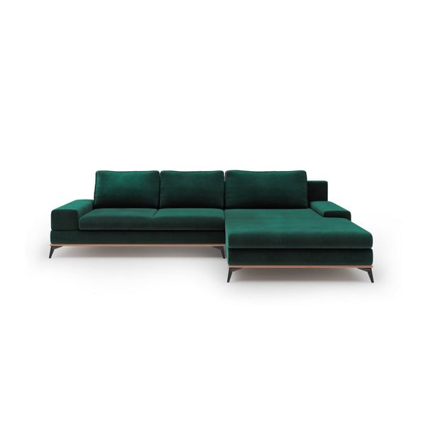 Tumši zaļš samta izvelkamais stūra dīvāns ar veļas kasti Windsor & Co Sofas Astre, labais stūris
