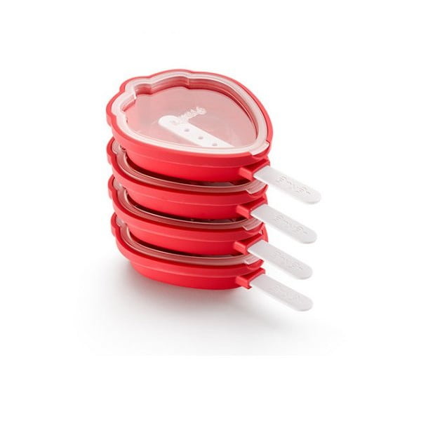 4 sarkanu zemeņu formas silikona saldējuma veidņu komplekts Lékué