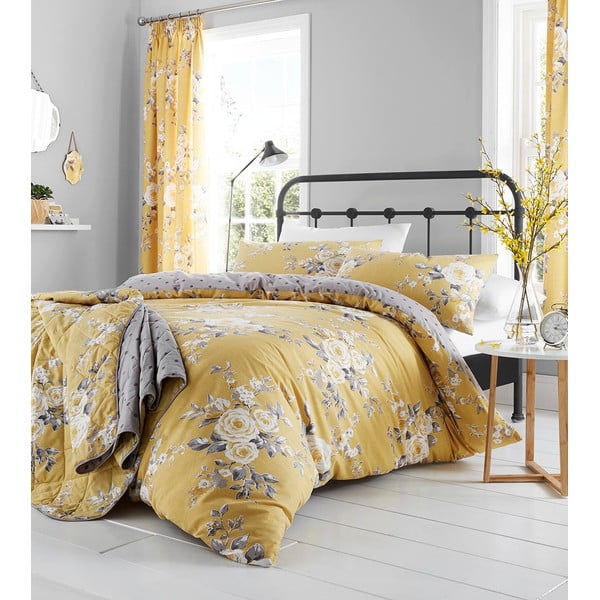 Dzeltena gultasveļa ar ziedu rakstu Catherine Lansfield, 135 x 200 cm