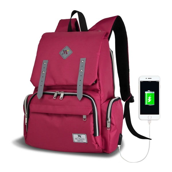Fuksijas krāsas mugursoma māmiņām ar USB pieslēgvietu My Valice MOTHER STAR Baby Care Backpack