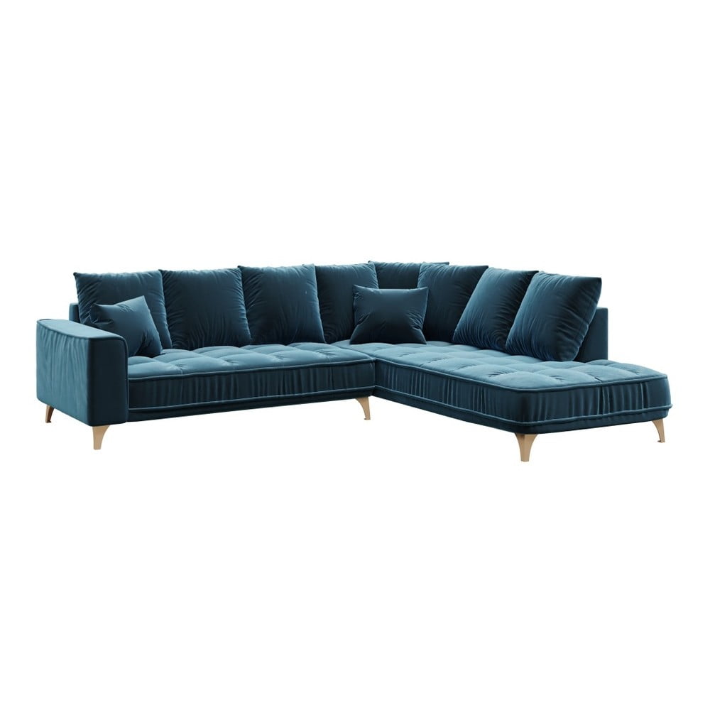 Tumši zils samta stūra dīvāns Devichy Chloe, labais stūris, 288 cm