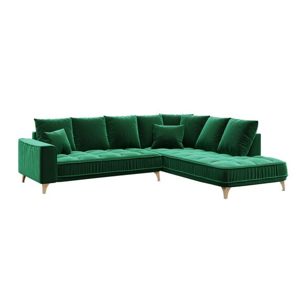 Tumši zaļš samta stūra dīvāns Devichy Chloe, labais stūris, 288 cm