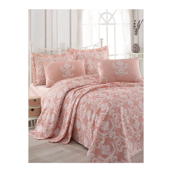Lašu rozā kokvilnas divguļamās gultas pārklājs ar palagu un spilvendrānām Anna, 200 x 235 cm