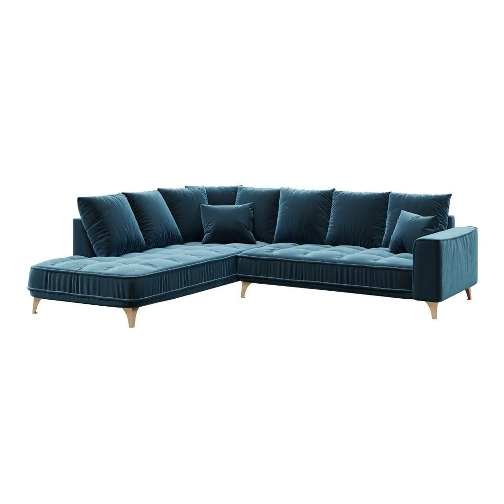 Tumši zils samta stūra dīvāns Devichy Chloe, kreisais stūris, 288 cm