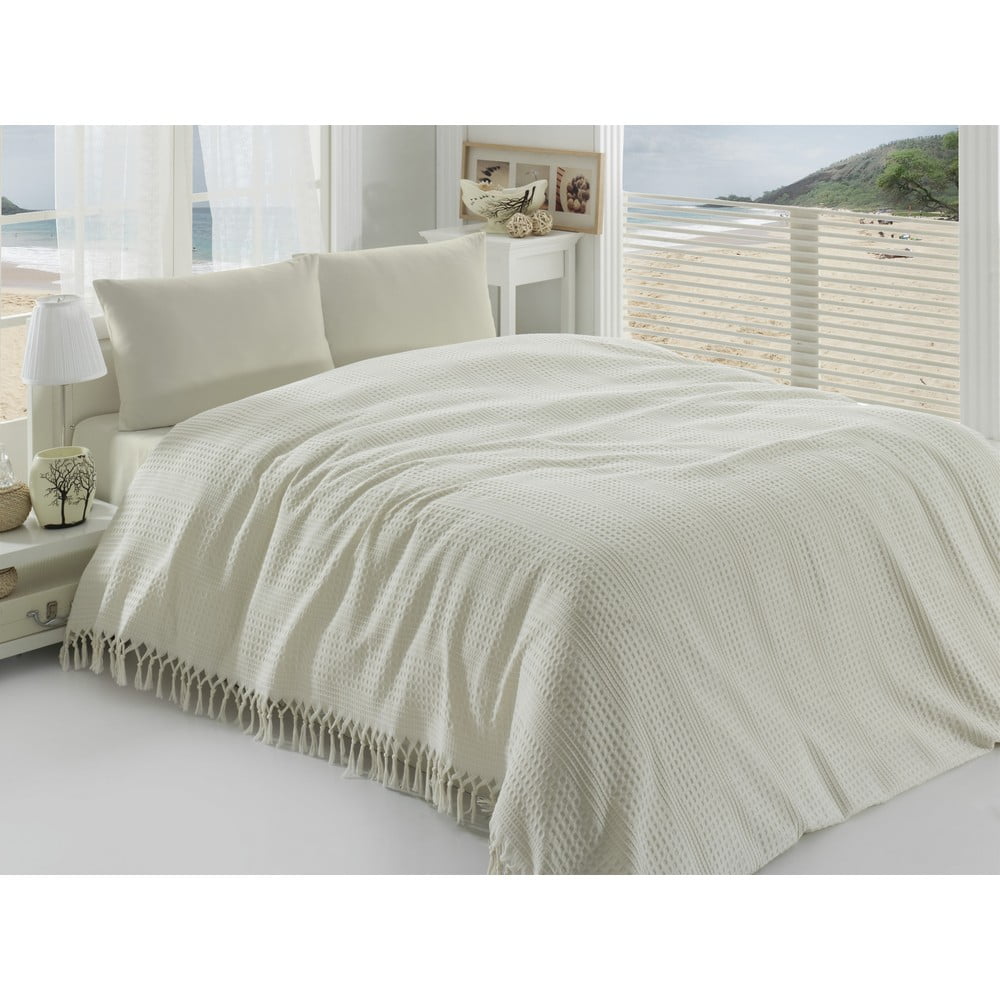 Krēmkrāsas viegls kokvilnas pārklājs divguļamai gultai Pique, 220 x 240 cm