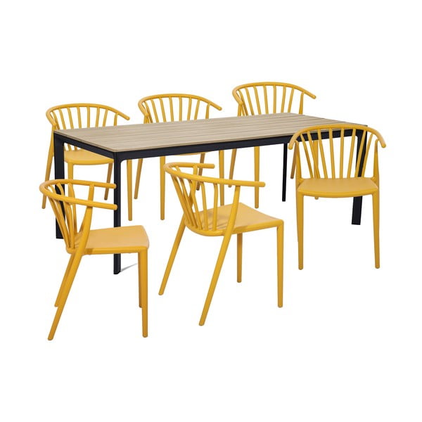 Dārza pusdienu galda un krēslu komplekts 6 personām ar dzelteniem Capri krēsliem un Thor galdu, 210 x 90 cm